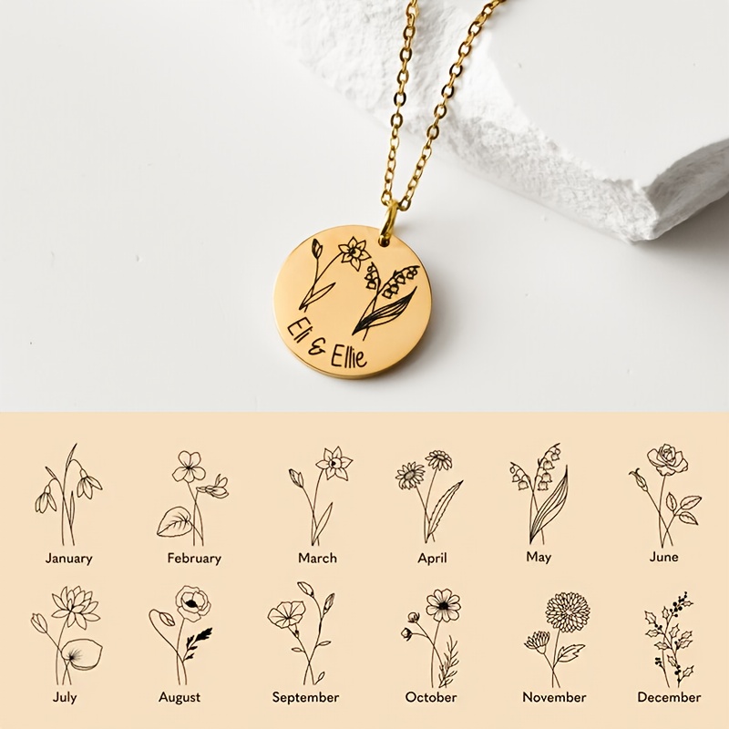TEMU Customized Personalized Birth Flower Necklace With 1-3 Flowers And Names, Engraved Floral Necklace, Perfect For Valentine's Day, Mother's Day,