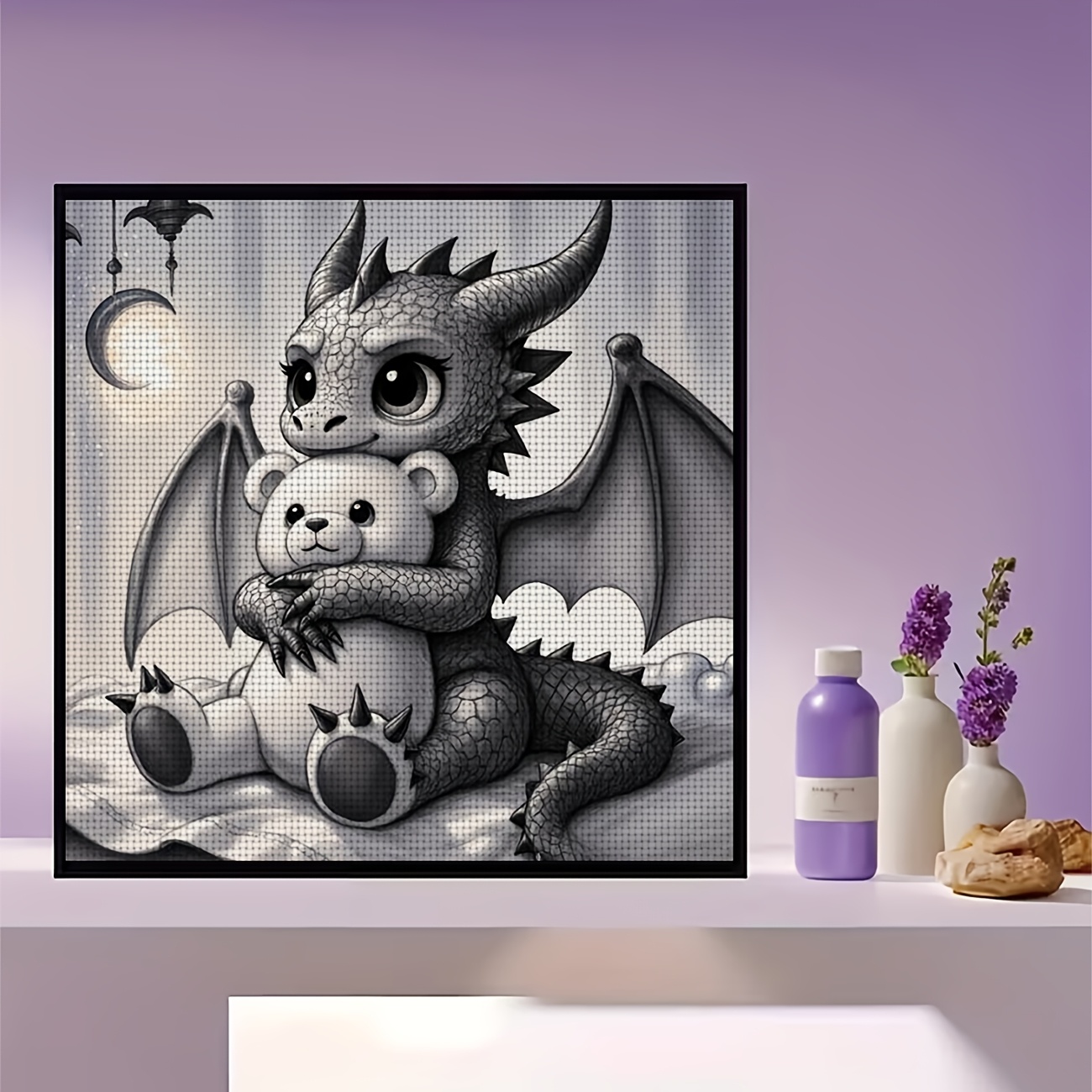 Cross Stitch Printed Kit, Frameless, Dragon Hugging Teddy Bear Pattern