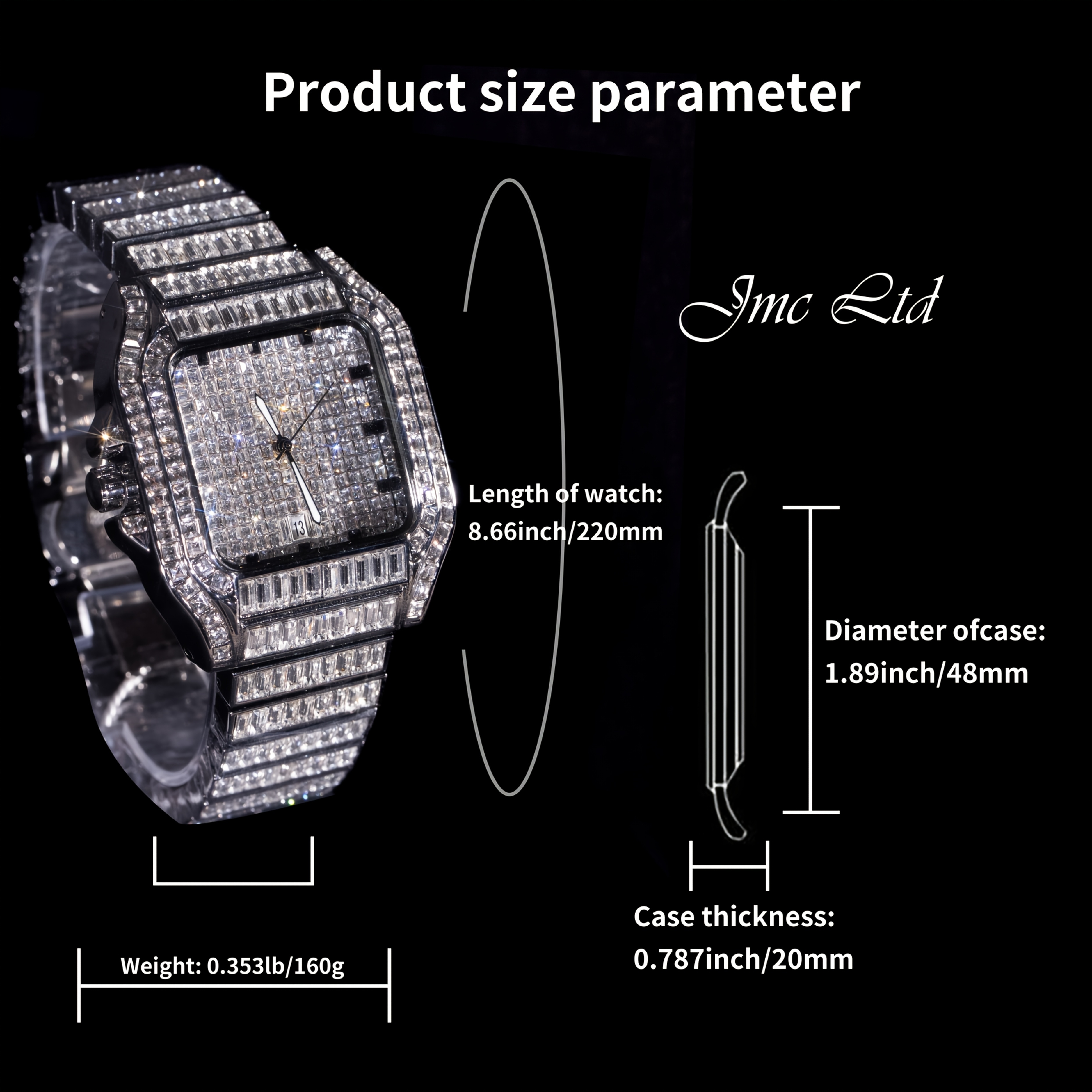 Luxury Hip Hop Square Watch Full Rhinestone Stage Performance Wristwatch, Geometric Glow-in-the-Dark Dress Watch for Christmas Thanksgiving Valentine's Gifts