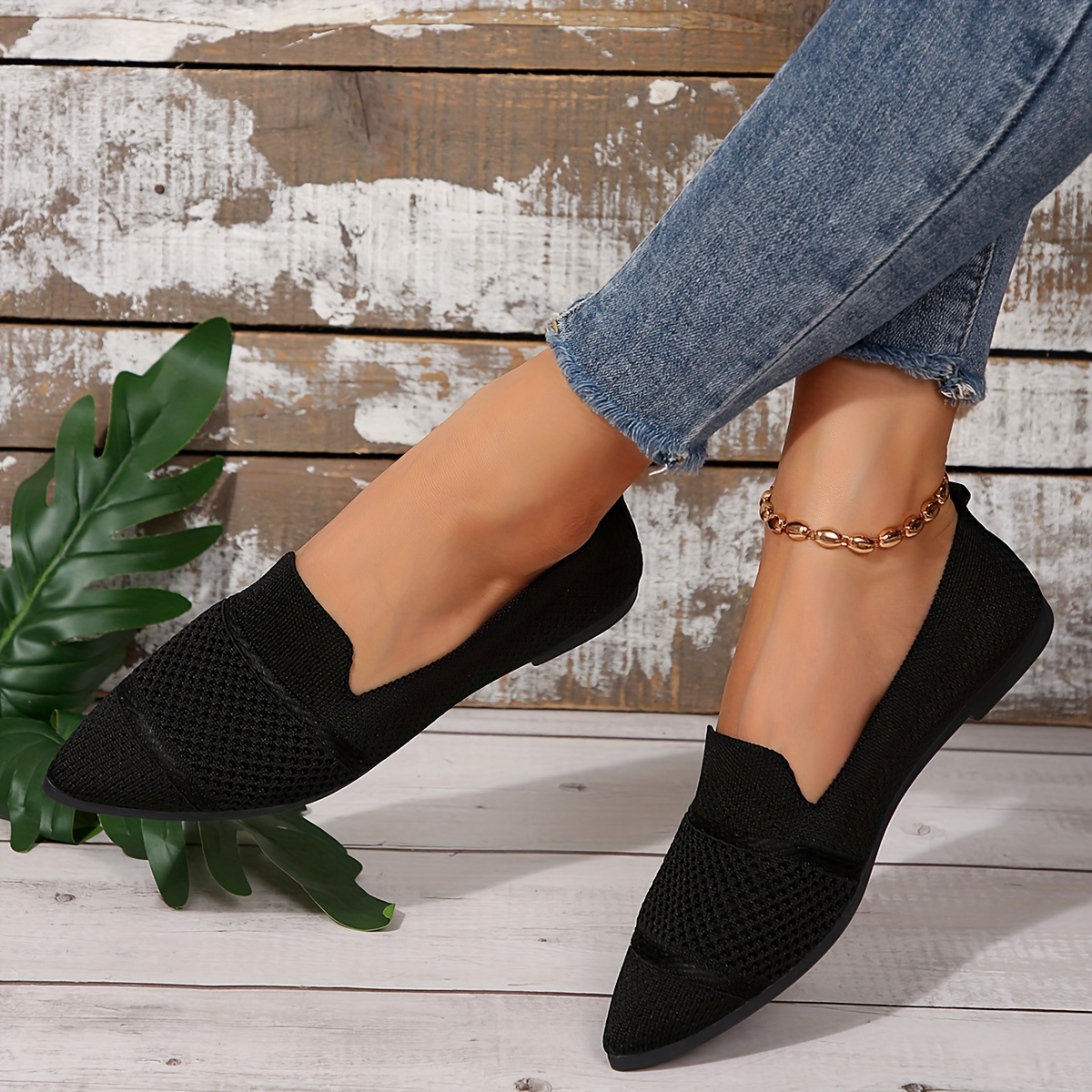 Elegant Ballet Flat Shoes For Women, Slip-On Breathable Soft Sole Daily Knitted Ballets, Point Toe Daily Wear