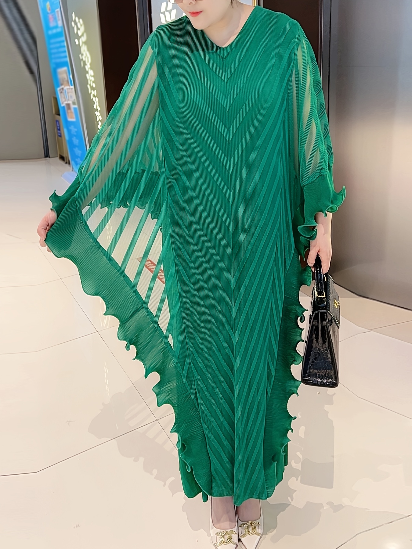 Plus Size Elegant Pleated Maxi Dress - White, Long Sleeve, V-Neck, Asymmetrical Hem, Petal Sleeve Design, Stylish and Comfortable for All Seasons, Allseason Dress|Elegant Pleated Dress|Stretchy Fabric