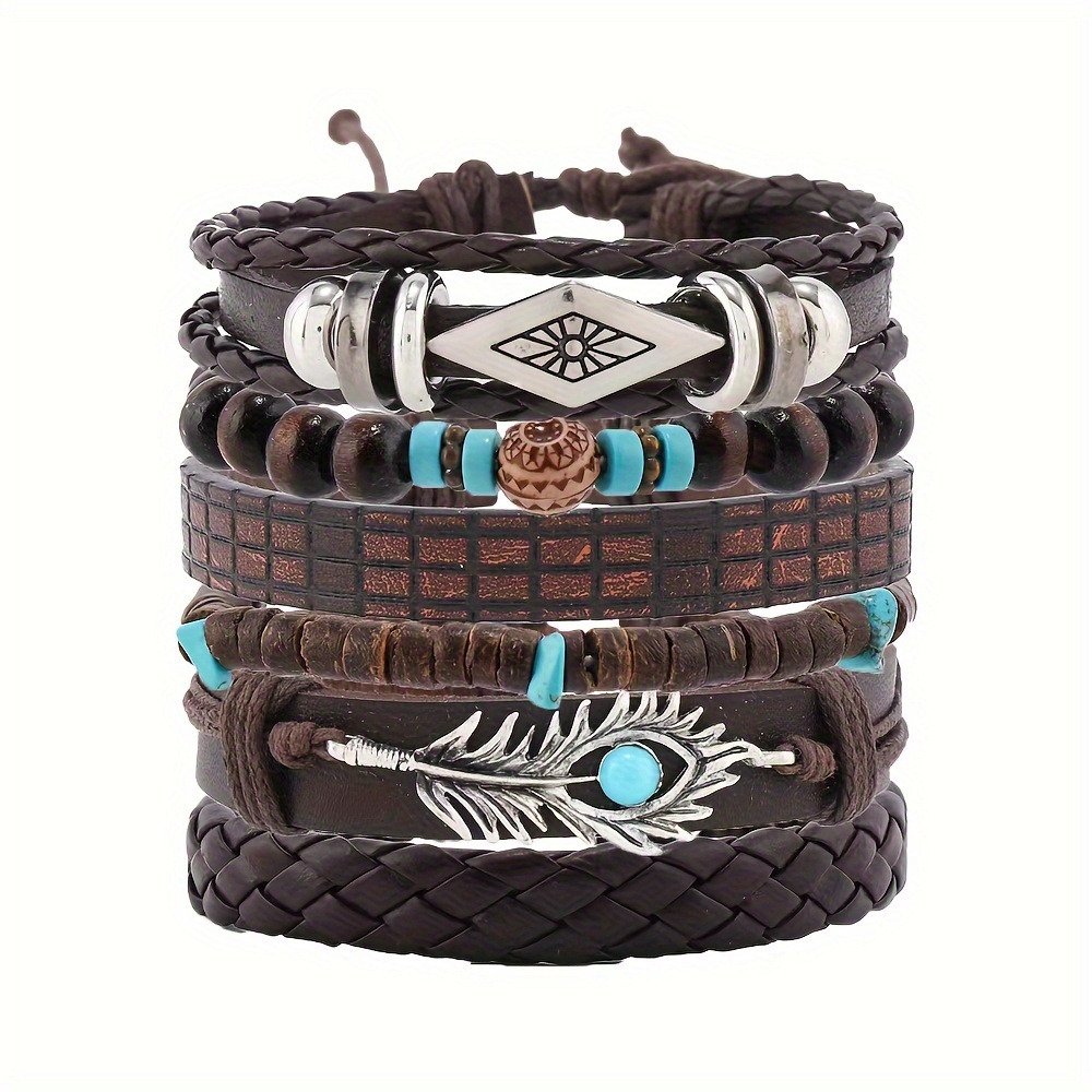 Cross-border Western Retro Fashion Blue Lapis Feather 6pcs Set Faux Leather Bangle Bangle Bracelet Retro Faux Leather Bangle