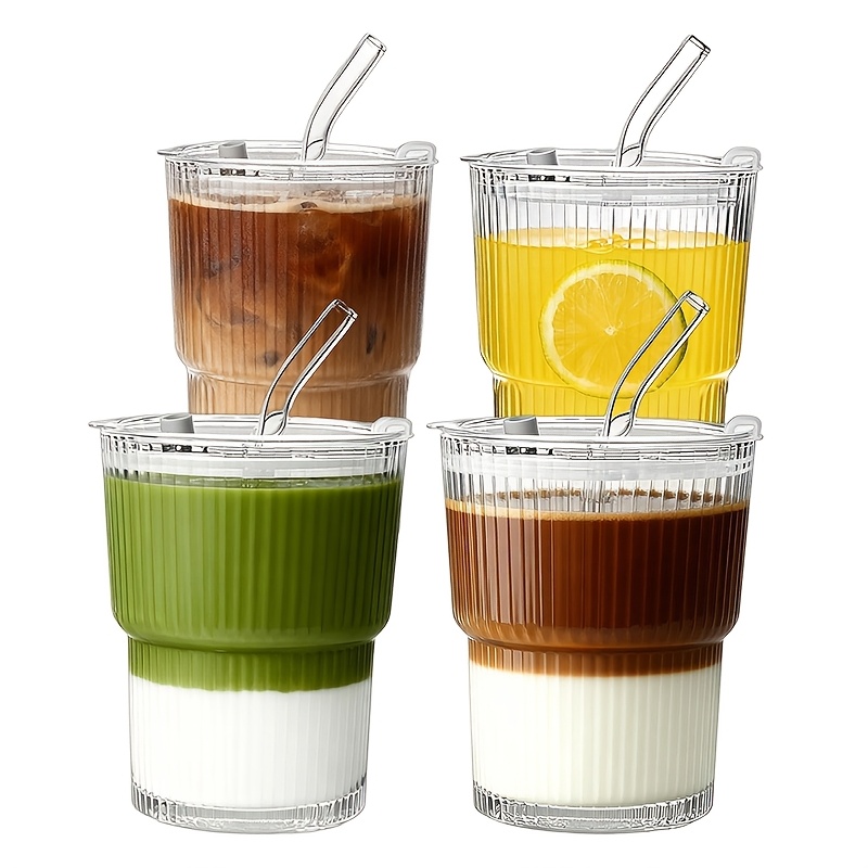 E-shop 4er-Set 350ml/12oz Rippen-Glas mit Deckel Strohhalm, dickwandig, für Kaffee, , Smoothies, Cocktails Säfte, elegantes langlebiges Getränkegefäß,