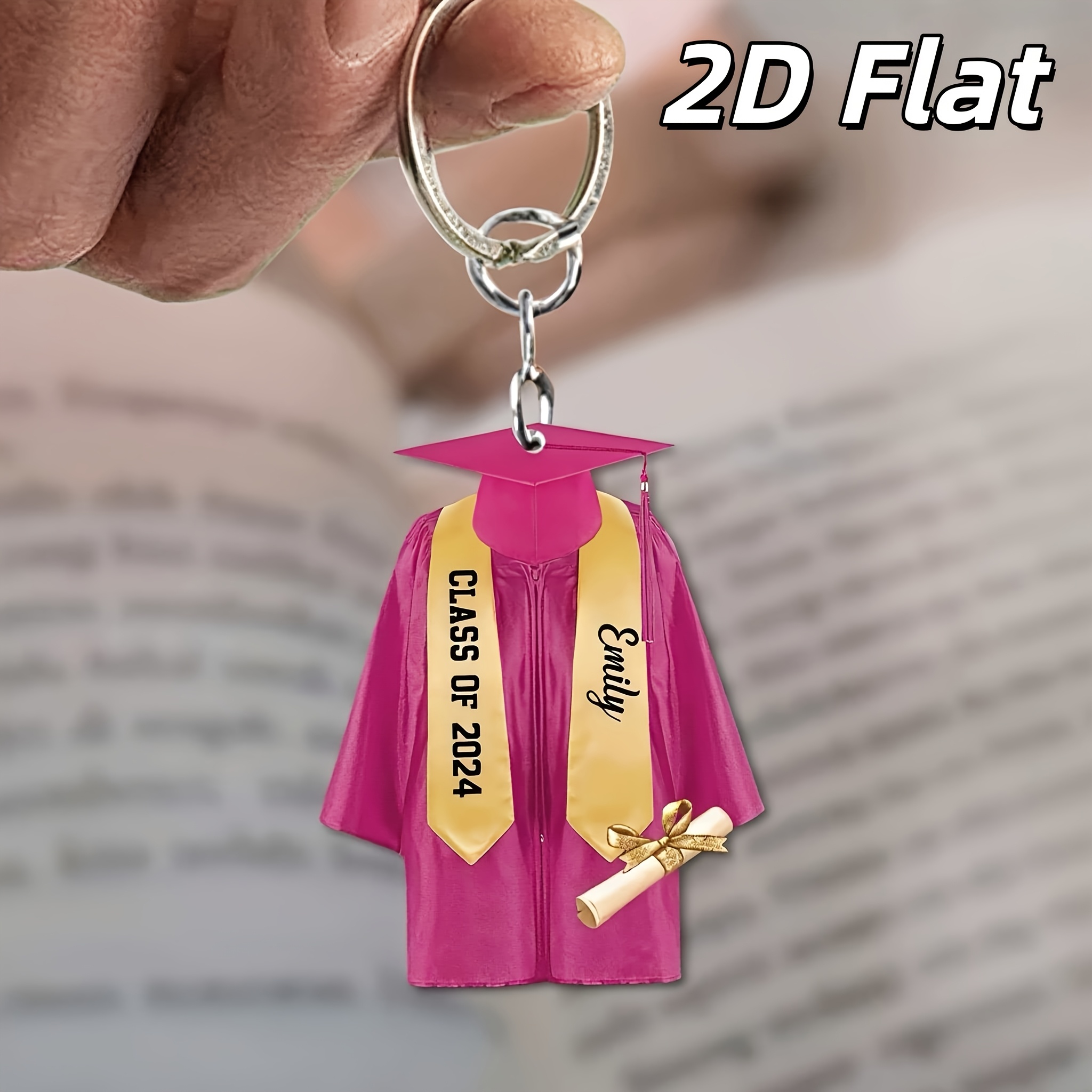 TEMU 2d Flat, 1pc Personalized 2d Flat Acrylic Graduation Keychain - Custom Academic Pendant, Customizable With Name And Year, Multiple Options,