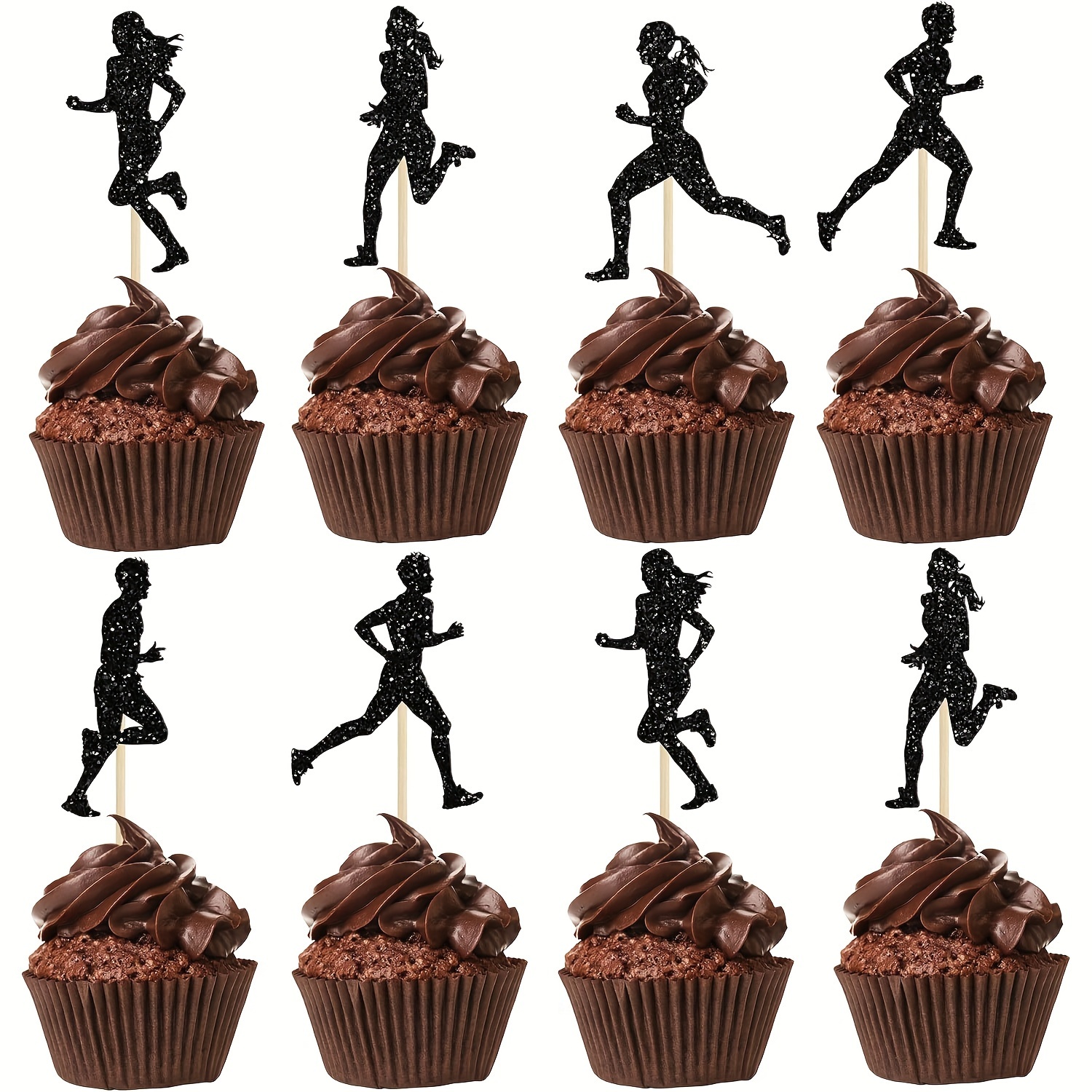 24x Cupcake-Topper „Laufen“ – Schwarze Glitzer-Aufsätze Für Sport-Party, Geburtstag & Laufthema