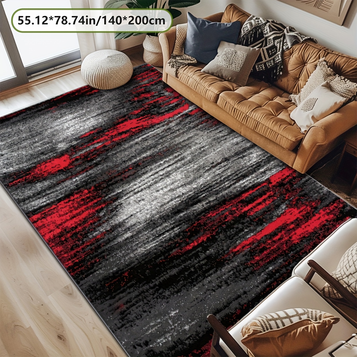 TEMU Golden Diamond Velvet   800g/mÂ²   Dotted Plastic Anti-slip Backing, Red Black Gray Abstract Striped Pattern Decorative Living Room Rug,