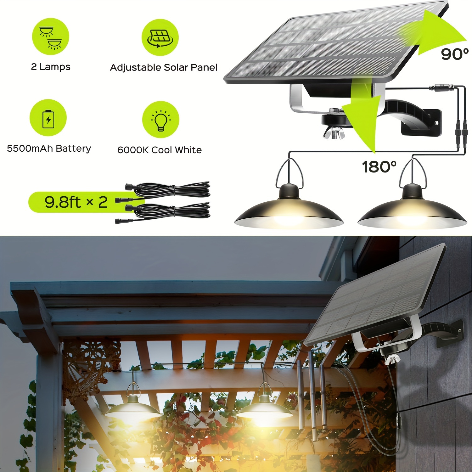 

Double Head Solar Pendant Lights Outdoor Indoor, Led Solar Shed Lights, Wall Mount For Shop Chicken Coop Garage Porch Front Door Patio, 3000k Warm White