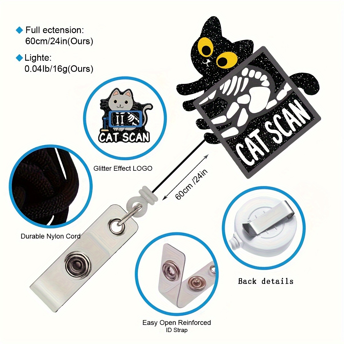 1pc Retractable Cat Scan Badge Reel with Clip Funny Black Glitter Cat Badge Holder Gift for Doctors Nurses ct Scan Technologist ct Tech Radiologist