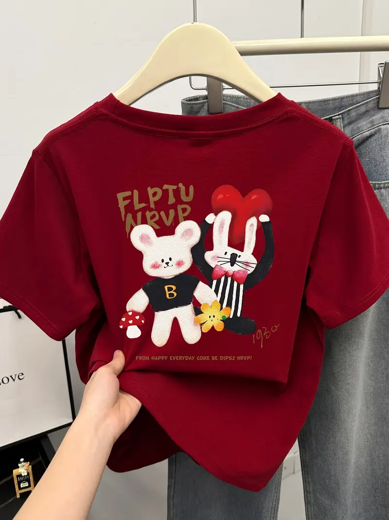 womens cartoon print t shirt short sleeve crew neck casual summer top with bunny lightweight breathable for casual attire everyday tshirt graphic tee Product details 1