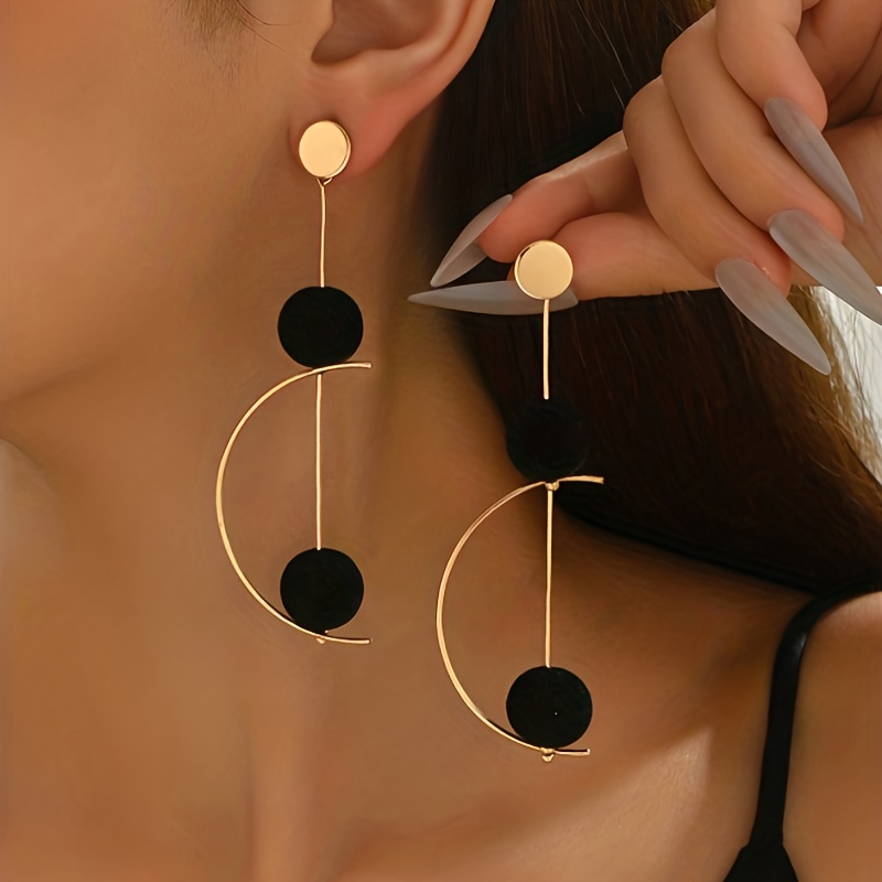 TEMU 1 Pair Retro Minimalist Multi-functional Creative Long Earrings, Geometric Rotatable Design With Black Sphere Pendant, Suitable For Women' Wear,