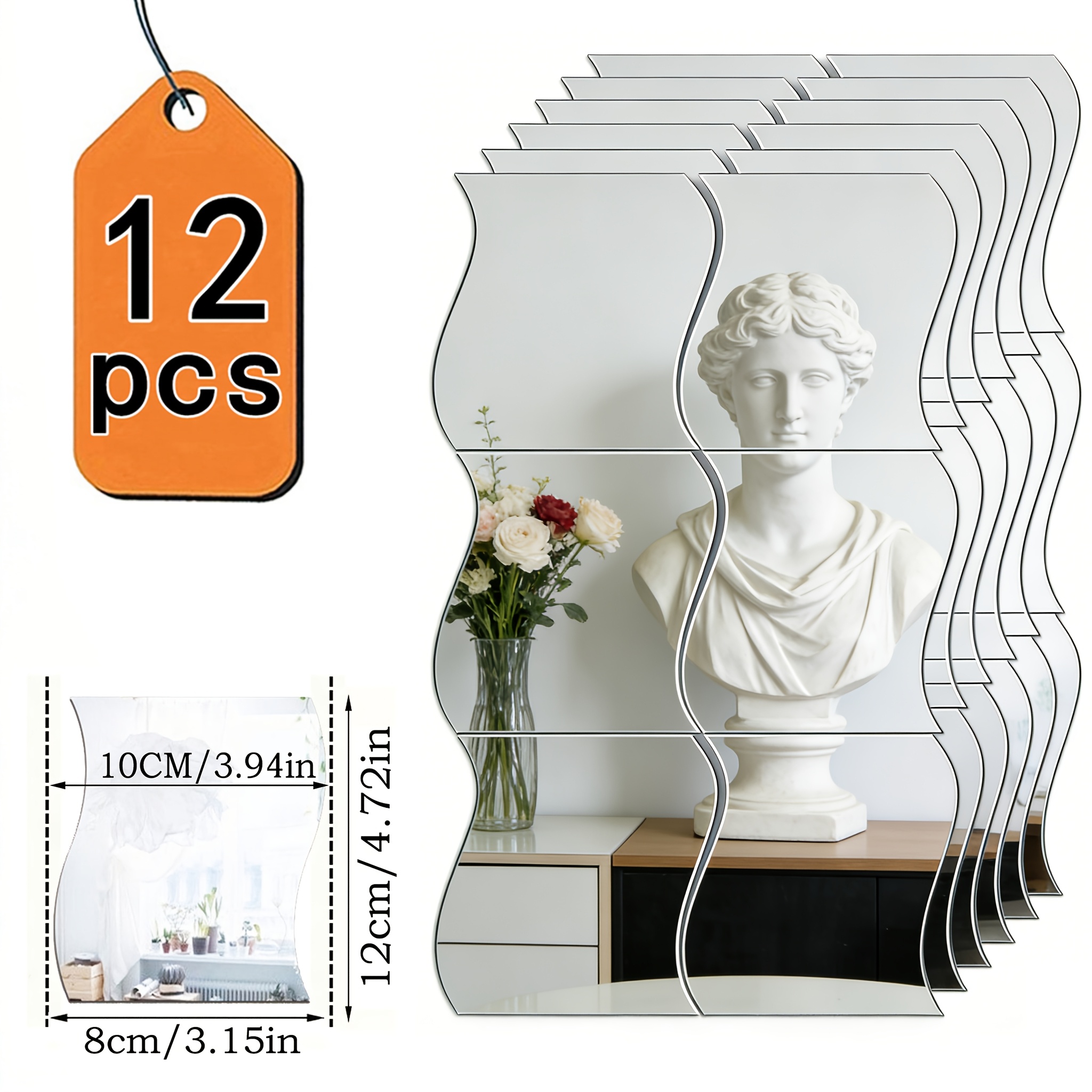 12pcs, Silvery Square Acrylic Mirror Wall Sticker, Wall Decoration, Living Room Bathroom, Home Decoration Lintel Detachable Mirror Wall Sticker Makeup Mirror, 12cm * 10cm
