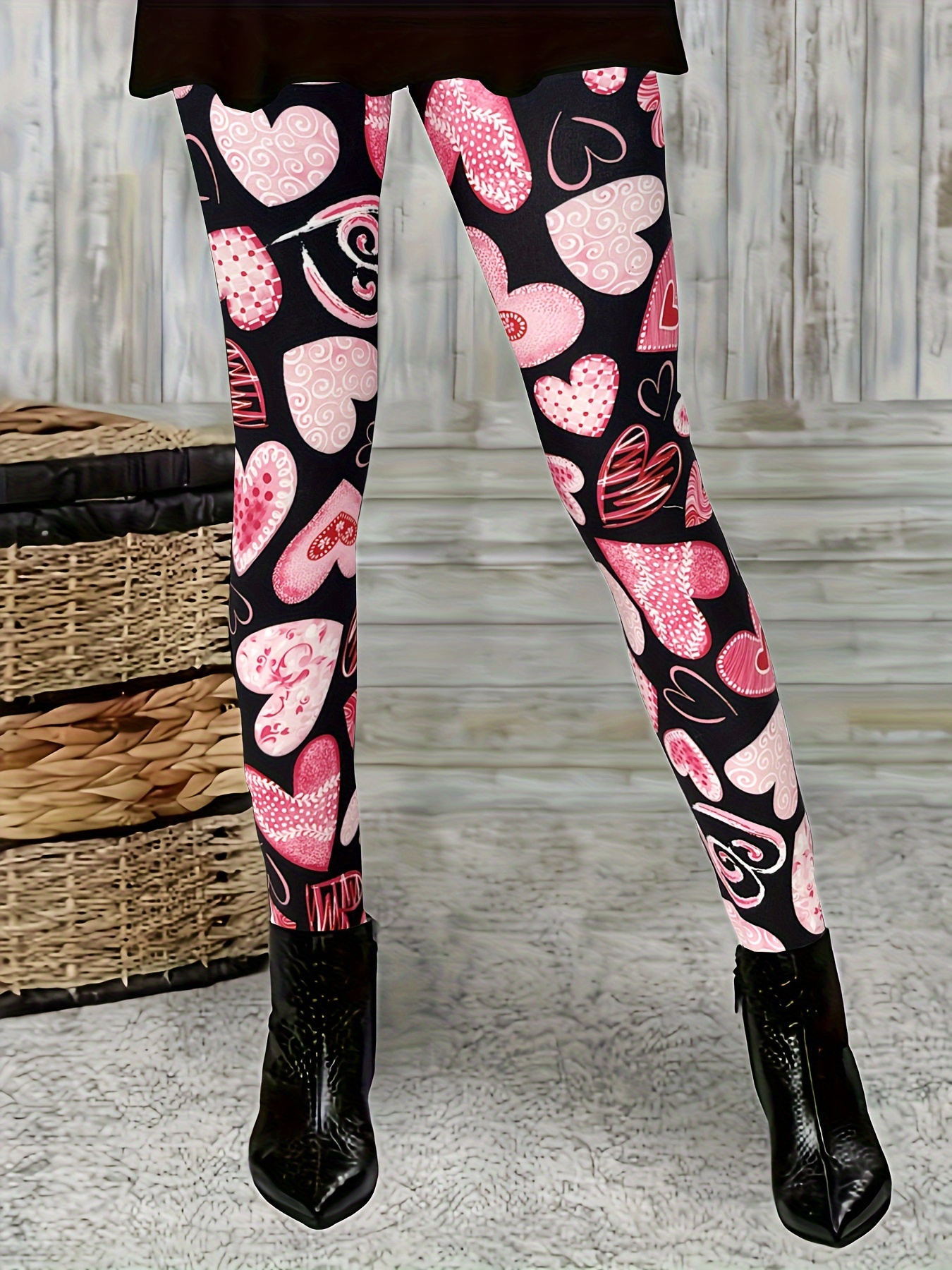 Valentine's Day Heart Print Skinny Leggings Casual Every Day - Temu