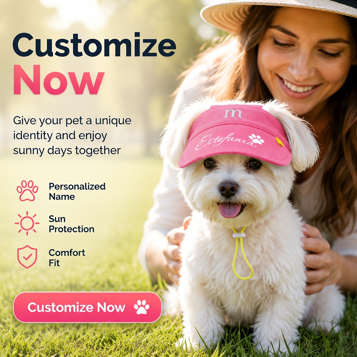 TEMU Customizable Name Pet Sun Hat, Cat And Dog Summer Sun Protection Bucket Hat, Adjustable Ear- Sun Hat For Small Dogs And Cats, Breathable Outdoor