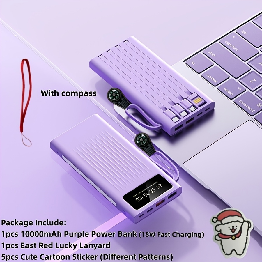 TEMU 10000/20000/30000mah Ultra-capacity 5w/15w Portable Power Bank With Real-time Battery Display, Screen, Lanyard Design, Camping Light, Built-in