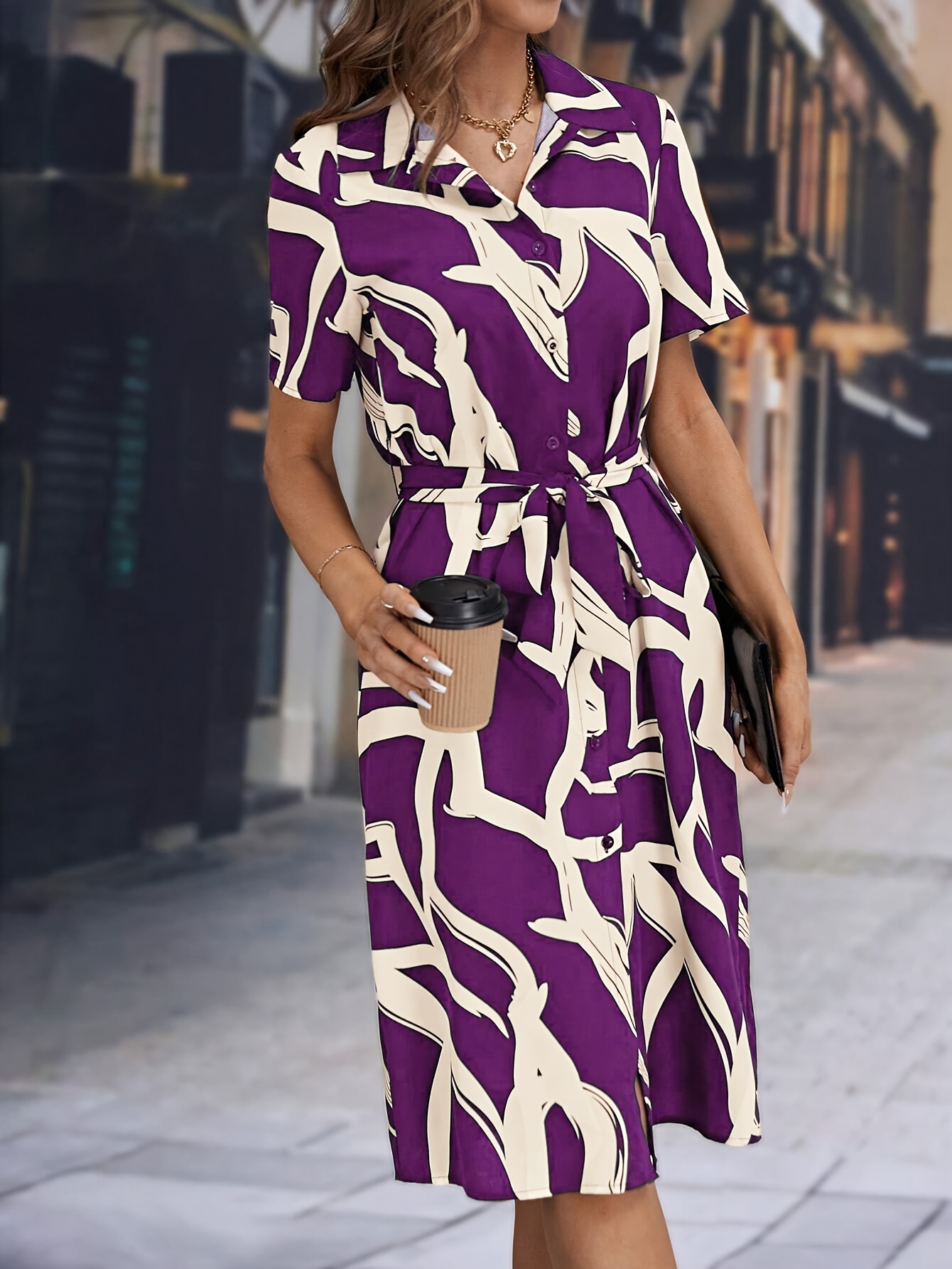 Tie Waist T Shirt Dress Women's Clothing Geo Print Tie Waist