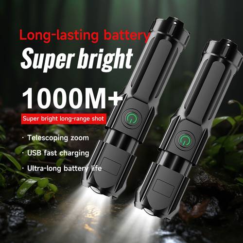 summer outdoor special edition portable high power flashlight 1000 long distance lighting 3 lighting adjustable focus usb charging suitable for home and outdoor use outdoor lighting tool 1200 mah battery capacity