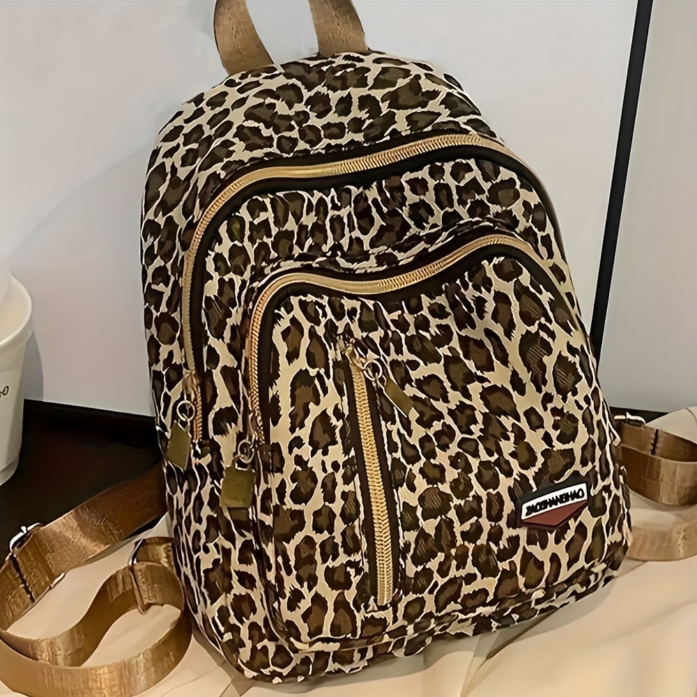 

Chic Leopard Print Women's Backpack - Compact, Multi-functional With Pockets, Polyester, Zip Closure