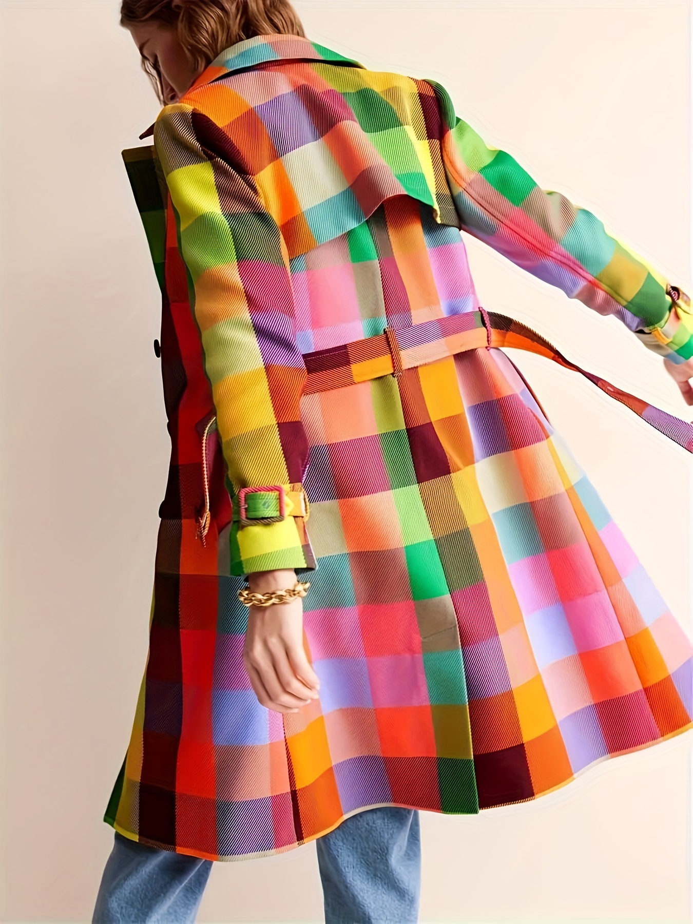 Trenca larga de estilo europeo y americano para mujer, a cuadros arcoíris a la moda, con cinturón, nueva chaqueta de doble botonadura a cuadros florales para primavera/otoño, abrigo de mujer de gama alta con arcoíris de colores contrastantes
