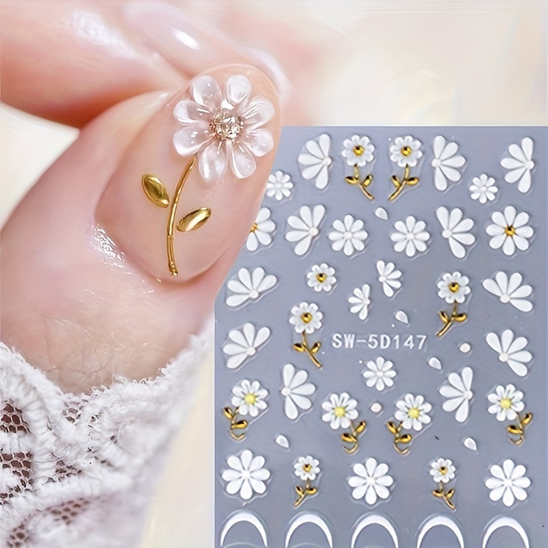 

1pc 5d Embossed Flower Nail Sticker, White Daisy And Sunflower French Self-adhesive Nail Stickers, Diy Nail Salon Nail Decorations, Nail Art Supplies For Women And Girls