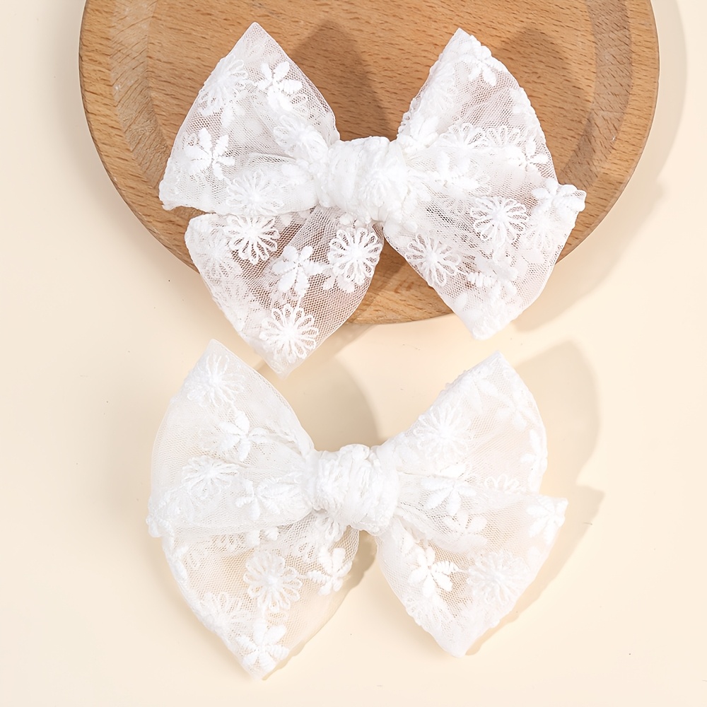 TEMU 2pcs White Lace Bow Hair Clips, Floral Embroidered Tulle Barrettes, Elegant Hair Accessories For Daily Wear, Special Occasion Hairpiece, Formal