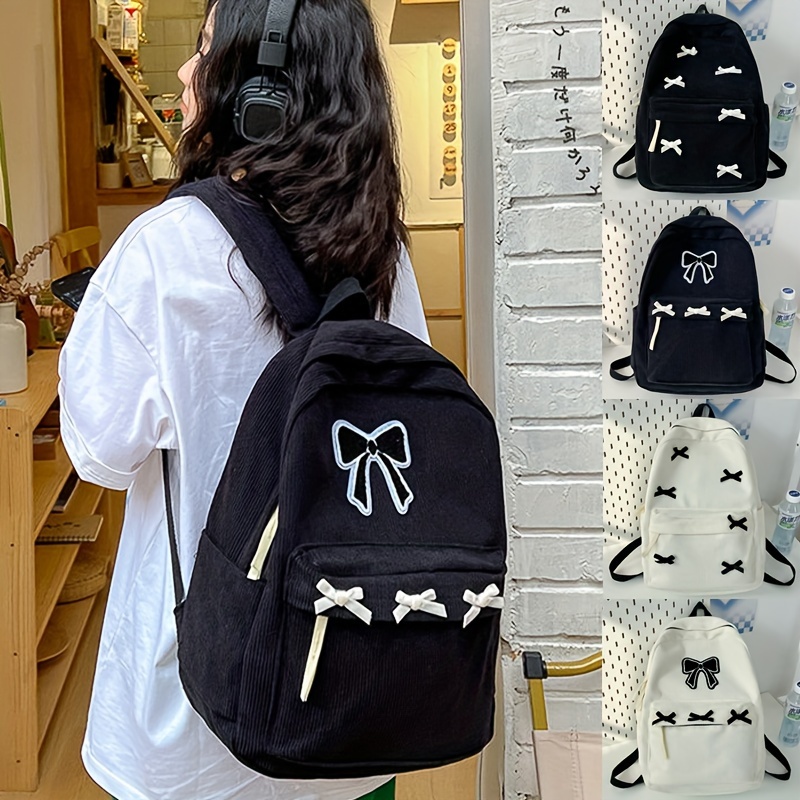 

Large Capacity Backpack, Bow Decoration Backpack, Corduroy Material Simple And Backpack, Multi Functional Daily Commuting Backpack, Student Backpack