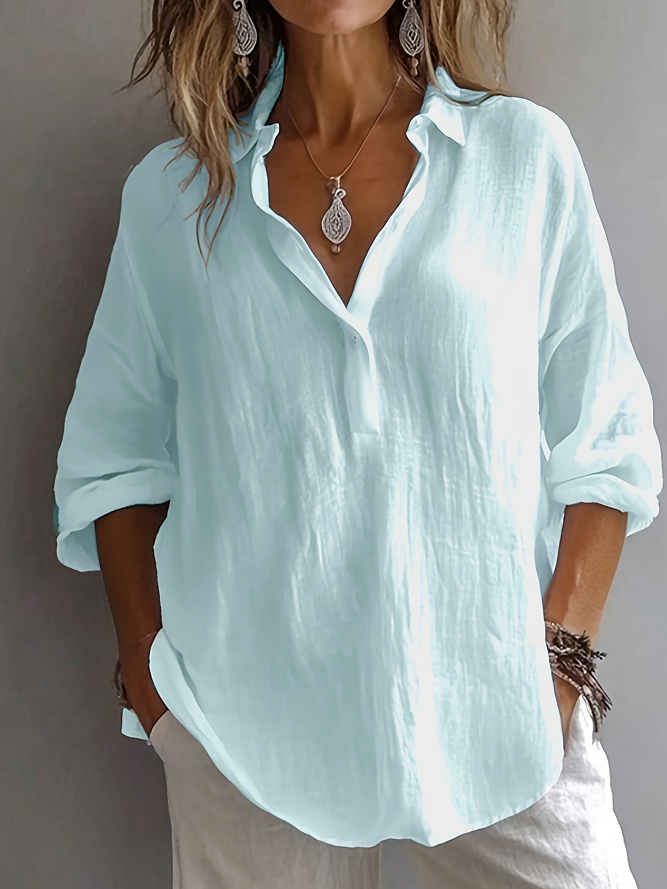 plus size new stunningly elegant versatile plus size womens shirt with half open collar and long sleeves
