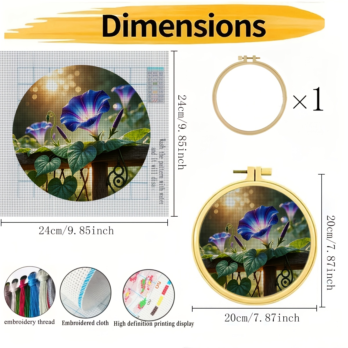 Round DIY Cross-Stitch Printed Kit with Hoop, Floral Design