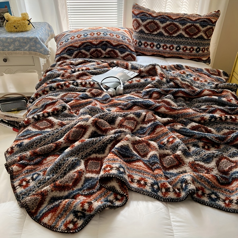1pc Bohemian Plush Throw Blanket - Ultra-Soft All-Season Luxury Bedspread with Brown, Beige, Blue-Green Geometric Patterns - Machine Washable Couch, Dorm, Office, Travel Blanket - Lightweight & Warm Home Decor, Blanket for Bed, Dorm Room Bedding, Fantasy Themed Decor, Skinfriendly Fabric, Office Comfort, Boho Chic Decor, Durable Material, Office Workers
