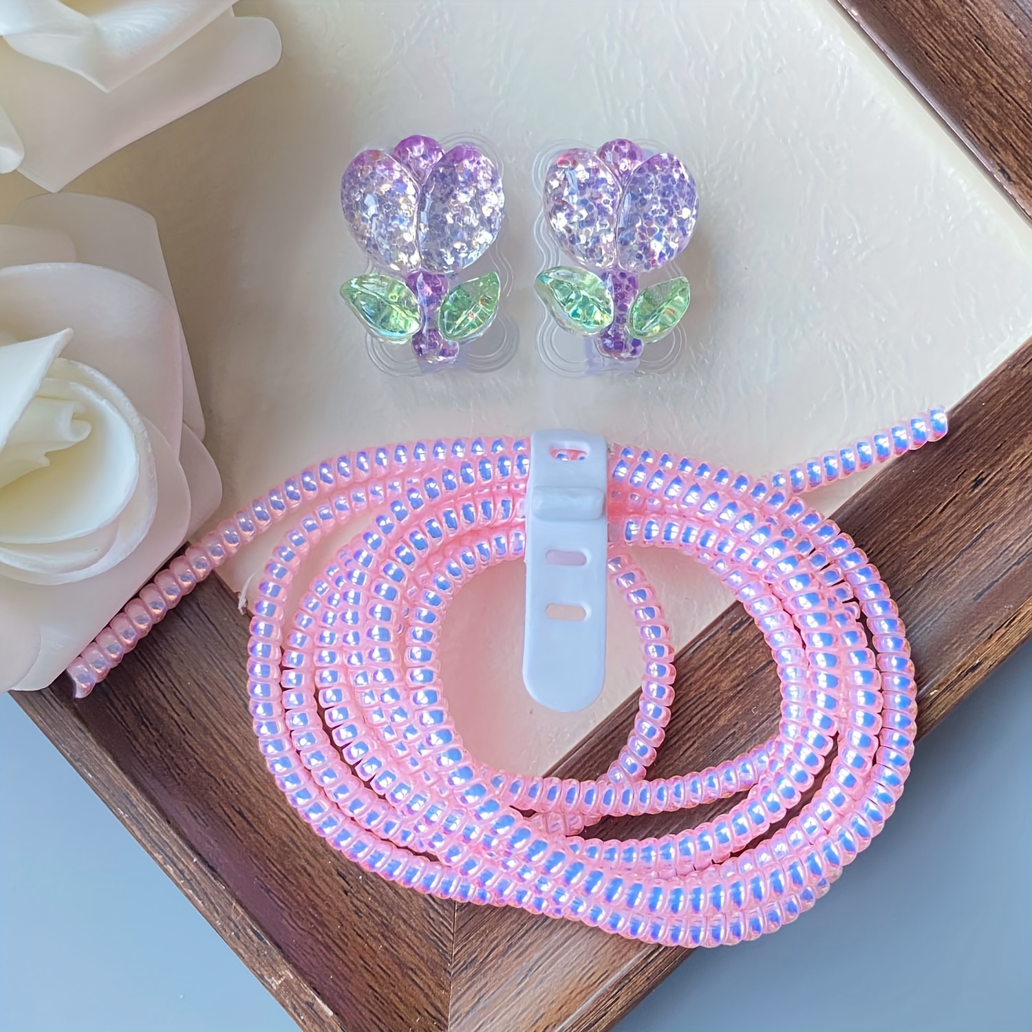 TEMU Glitter Tulip Cable Protector, Compatible With Iphone Type-c Charger - Durable Charging Cable Protector With Cute Cartoon , Anti-scratch And