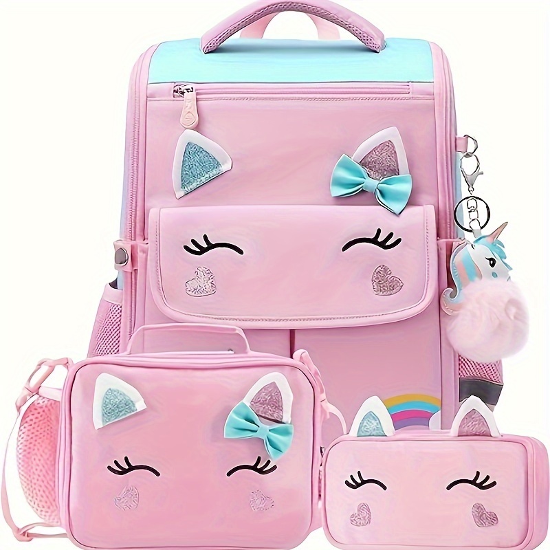 

3pcs Unicorn & Cat-themed Backpack Set For Girls - Nylon, Waterproof, With Adjustable Straps - Includes Lunch Box & Pencil Case, Cute Pink School Bag For Kindergarten & Elementary, Backpack For School