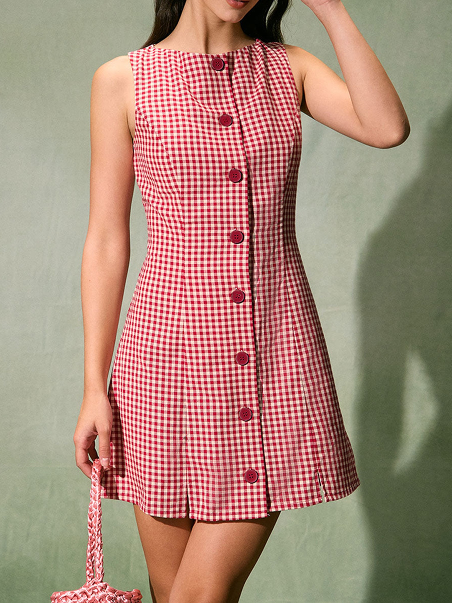 Women's Summer Sleeveless Gingham Checkered Mini Dress A-Line  Button-Front Closure Round Neck Short Length Cocktail Party Dress with  Gingham B