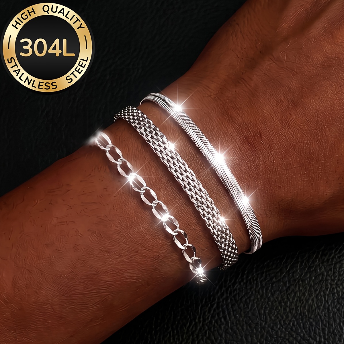 3pcs Women's 304L Stainless Steel Bracelet Set, Waterproof