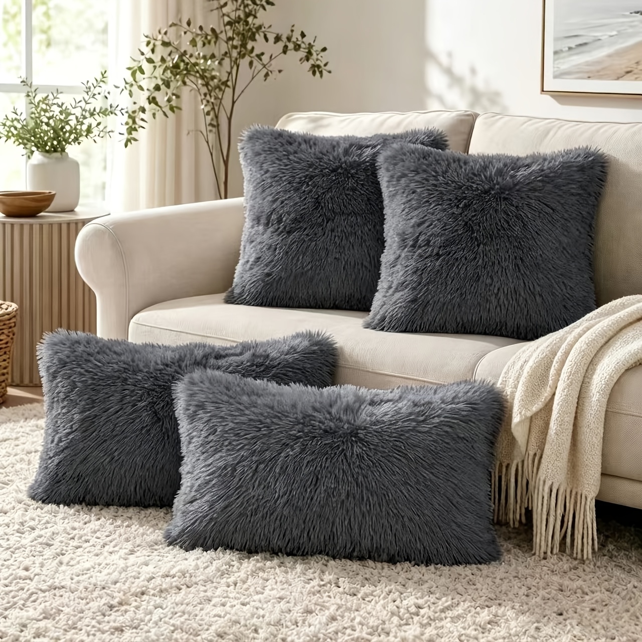 TEMU 4pcs Fluffy Throw Pillow Covers, Assorted Sizes 40x40cm & 30x50cm, Soft Plush Cushion Cases For Sofa Bedroom Living Room Decor, No Inserts