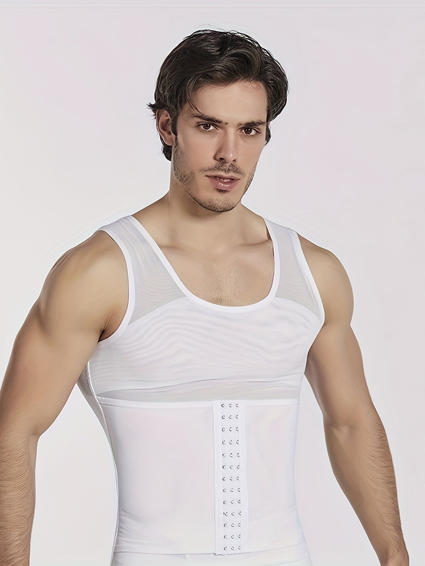 Sleeveless Shapewear Tank Tops for Men Back Support Posture Corrector  Shockproof Vest Chest Binder Trans Short Corset (Color : White, Size :  Large)