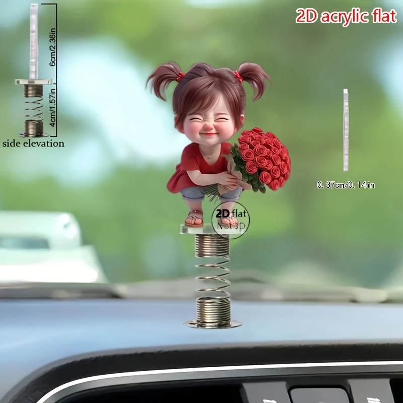 TEMU 2dflat, 1pc Acrylic Cute Girl Holding Bouquet Car Ornament - Decor, Suitable For Vehicle, Desk, And Bike Decoration | Ideal Gift For Easter, Carnival, , Thanksgiving