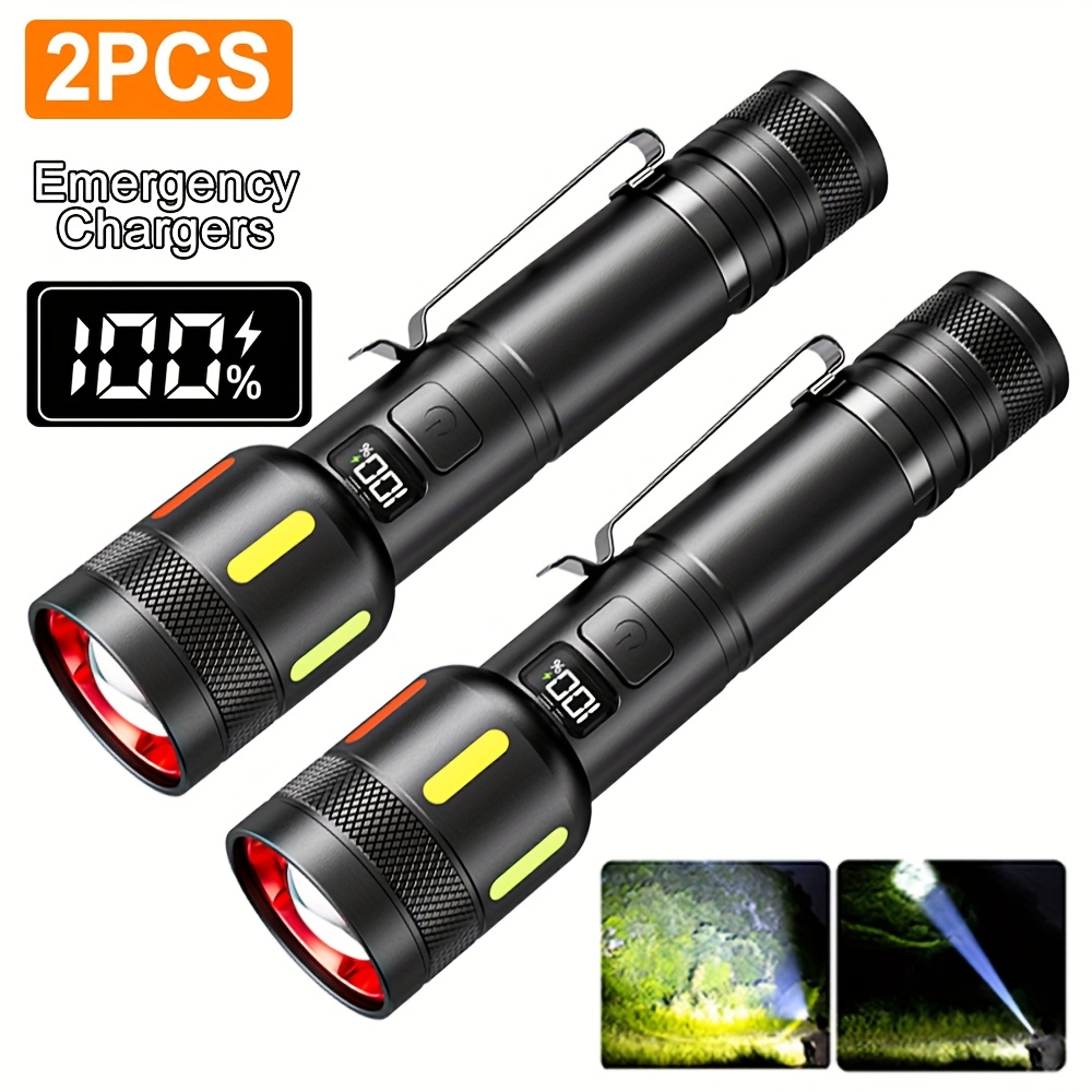 1/2pcs Led Tactical Flashlight High , Type-c Rechargeable Flashlight With Power Display, 4 Lighting , Handheld Flashlight For Camping, Mountain Climbing, Running, Fishing, , Dog Walking