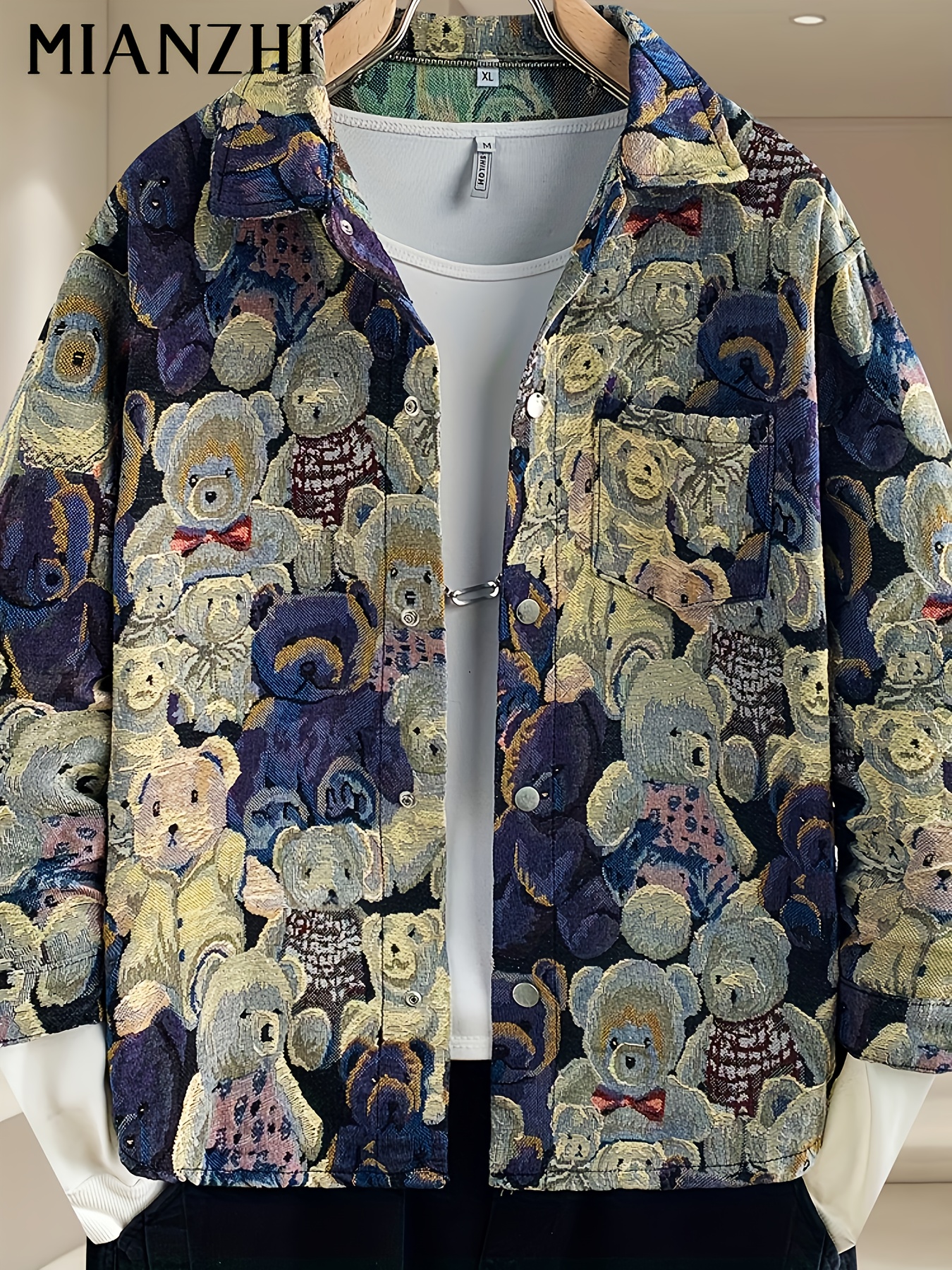   mens casual jacket loose fit button up coat with bear graphic in navy   washable non stretch fabric for everyday formal outfits urban streetwear outerwear colorful embroidery coat versatile outerwear trendy outerwear durable construction street style lovers