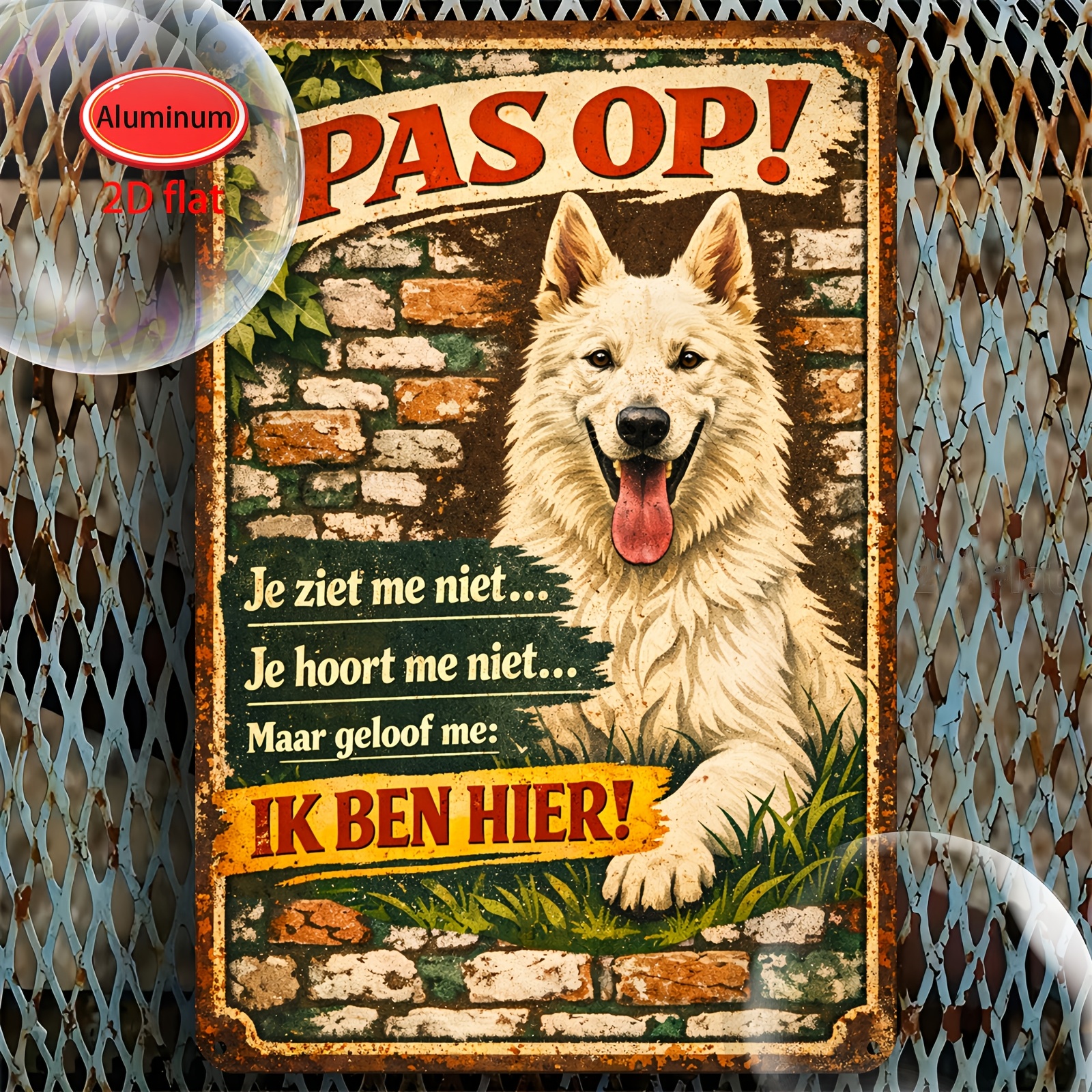 TEMU 2d Flat, 1pc 2d Aluminum Metal Tin Sign, 20x30cm, Funny Retro Dutch Language Beware White Shepherd Dog Wall Plaque, Vintage Distressed Rustic