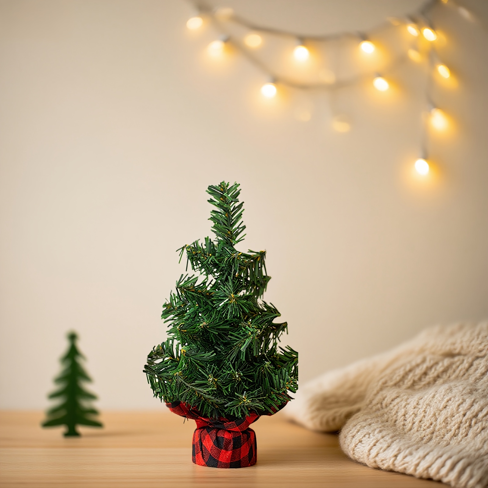 TEMU Artificial Christmas Tree Ornament With Red And Black Strap Base, Emerald Needles, Ideal For Christmas Desktop And Decor, Great For A Festive