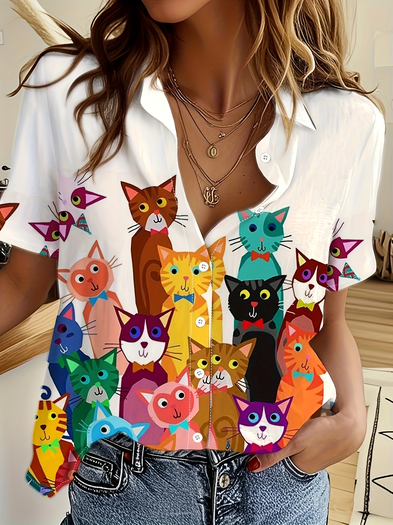 Cartoon Cat Print Button Up Shirt Women's Elegant Casual Short