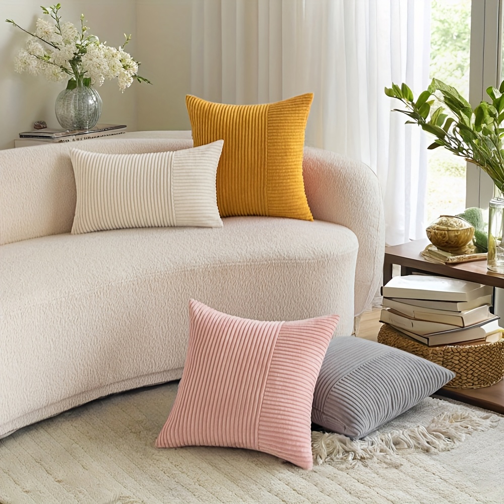 Set Di 2 Federe Per Cuscino In Velluto A Righe | 45x45 Cm | Colore Crema | Cerniera Nascosta - 3