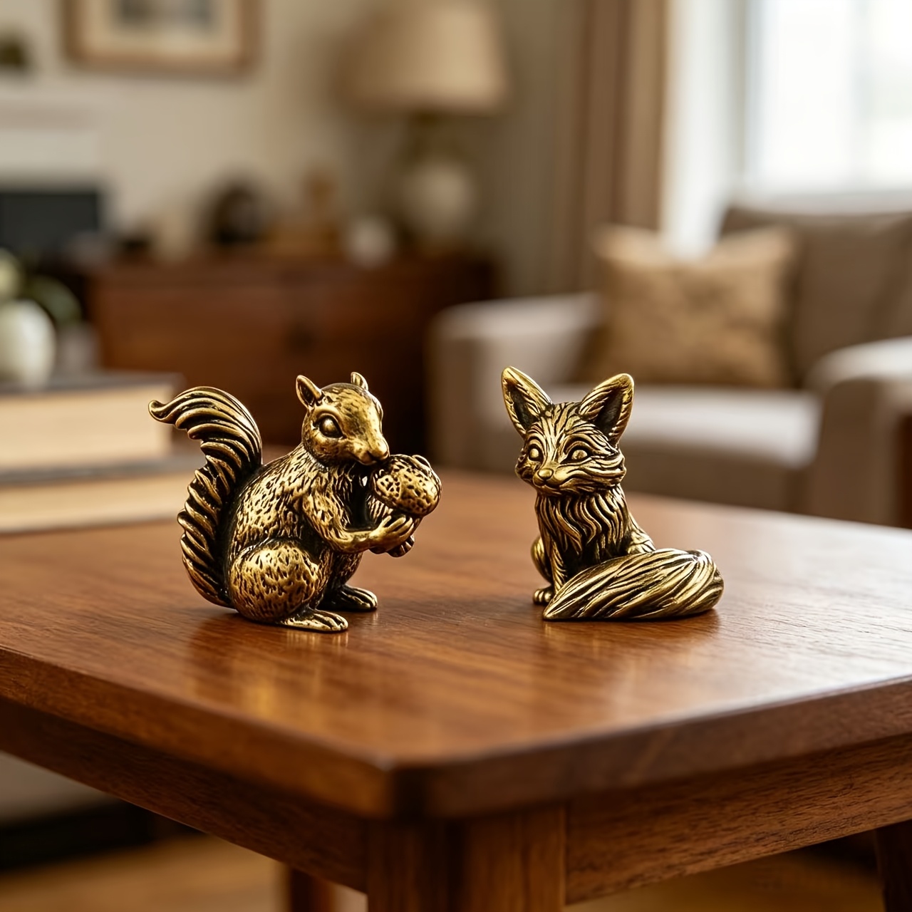 TEMU 2pcs Set Brass Fox And Squirrel Ornaments, Living Room And Office Desktop Decor, Tea Pet Decorative Figurines