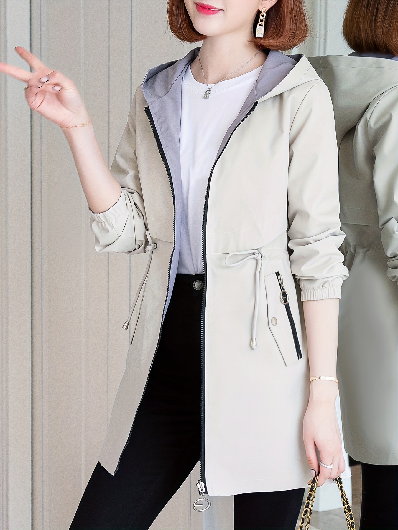 Chaqueta casual de inspiración coreana para mujer, doble cara, midi, con cintura ajustable, cierre de cremallera y forro de contraste, color sólido, abrigo para primavera/otoño, chaqueta rompevientos, atuendo casual, estilo de moda coreana, diseño de cintura entallada - Imagen 10