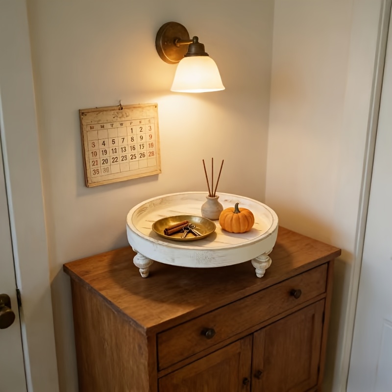 E-shop 11,6-Zoll Runde Holzplatte | Weiß, Used-Look, Rustikaler Bauernhaus-Stil - Ideal für Wohnzimmer, Tisch, Küchendekor