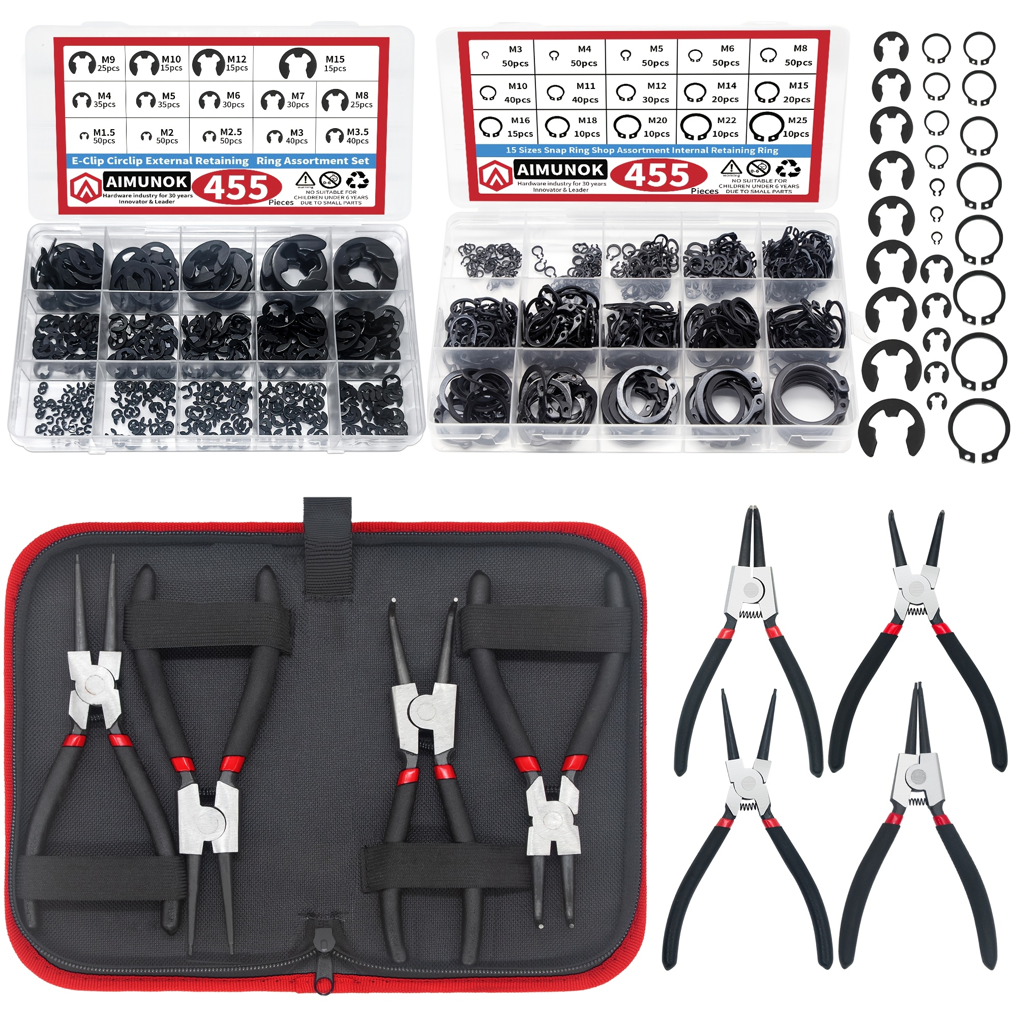Image of 914pcs 65 Circlip Assortment Kit 455pcs External Retaining Ring 455pcs Circlip Washer With 4pcs Snap Ring Circlip Pliers For Auto Machinery Repair
