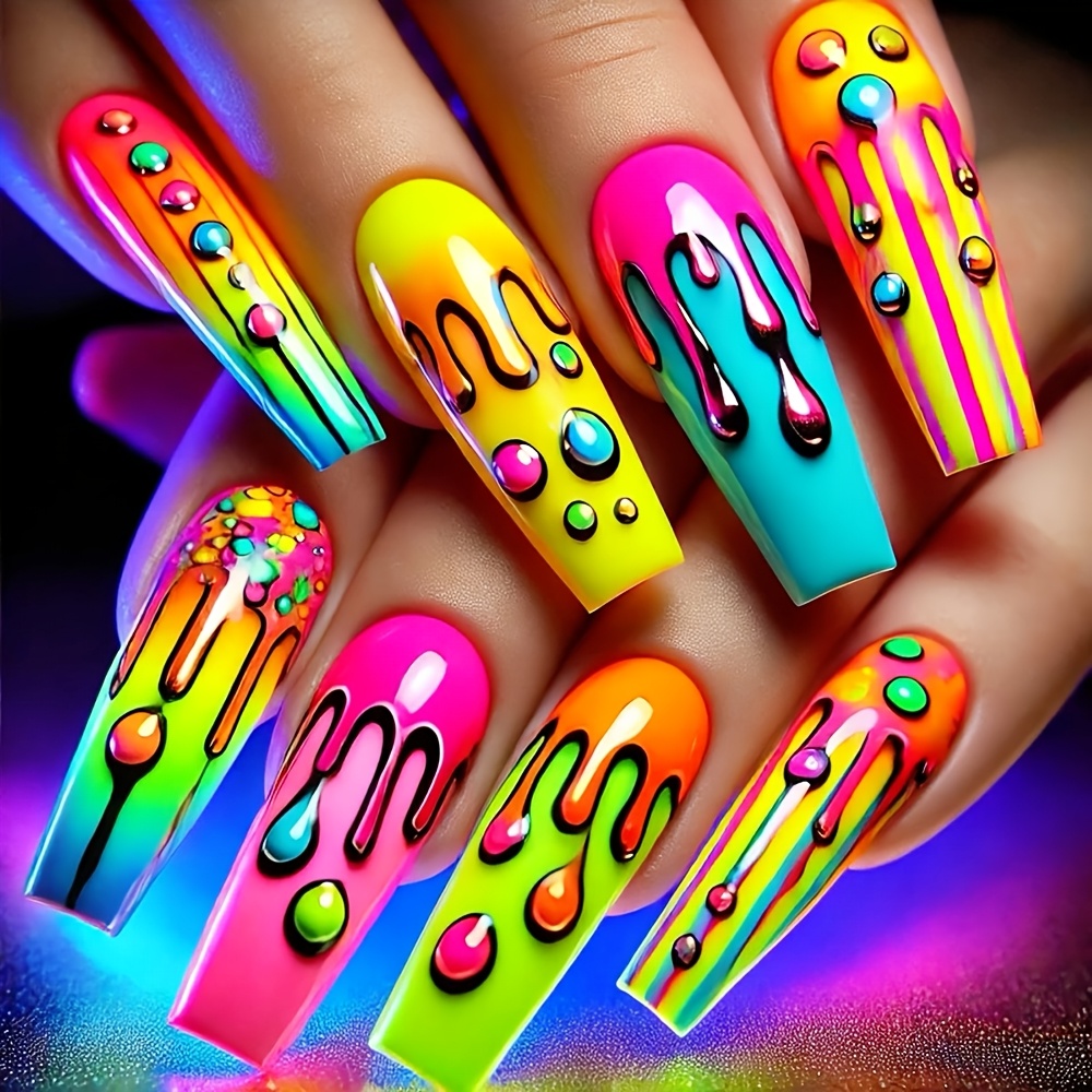 TEMU 24pcs de Vernis à Ongles Longs Style Ballet - Vernis à Ongles Dopamine Fondant Fluorescent - Nail Art Portable - Faux Ongles Portables - Ongles