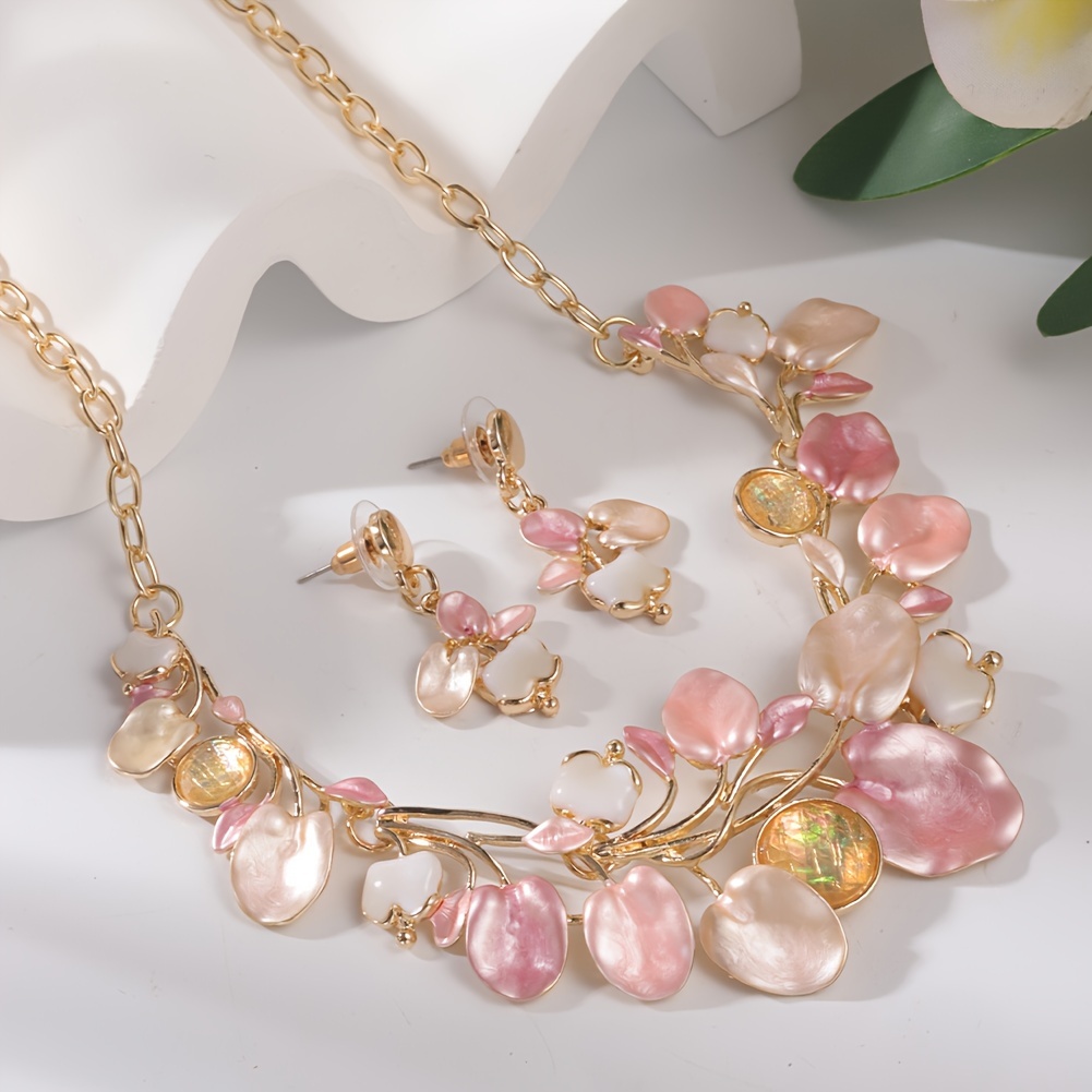 Romantic Pink Leaf Enamel Jewelry Set for Women