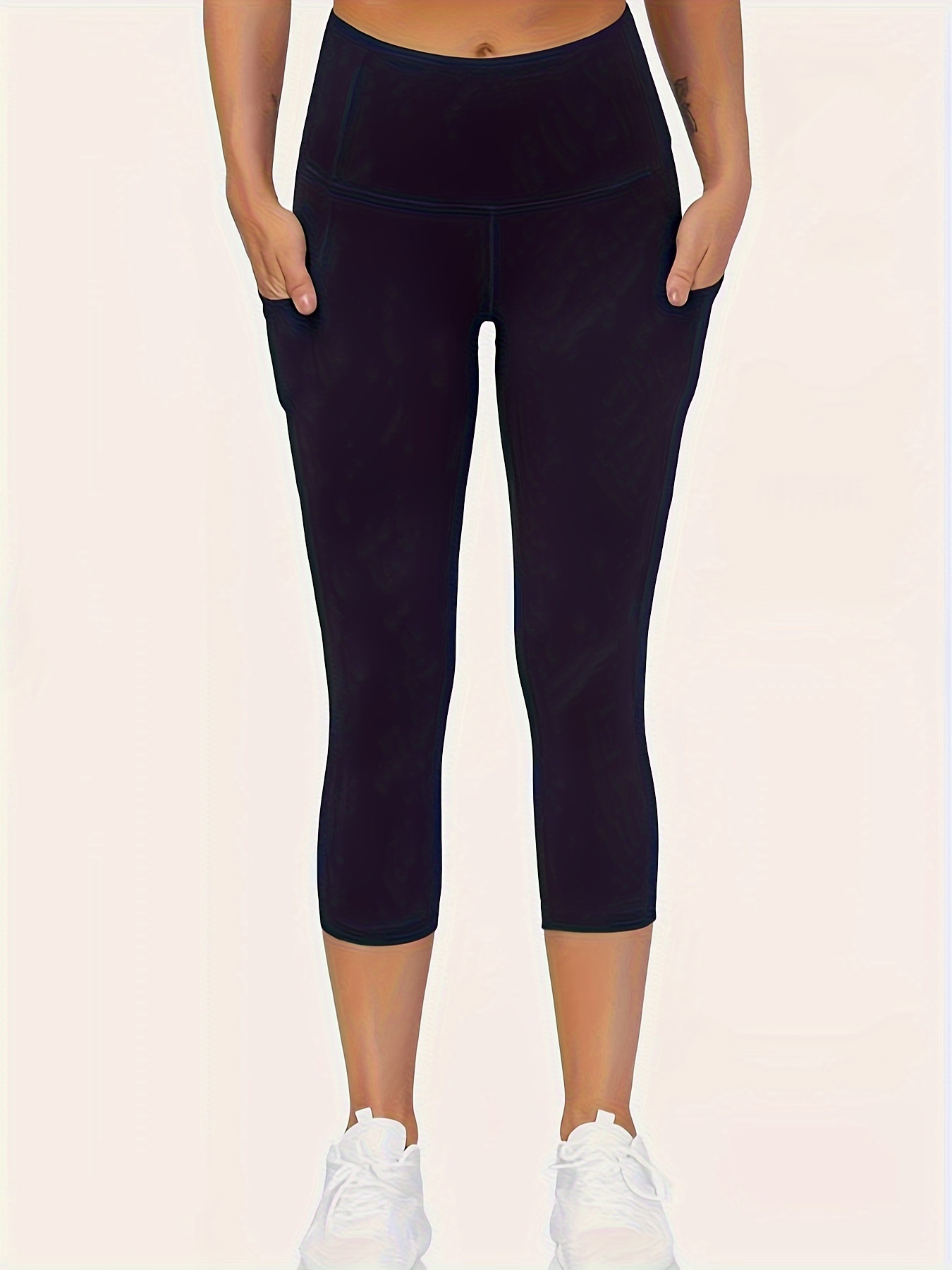 Women's Capri Leggings, Solid Pocket Stretchy Capri Leggings