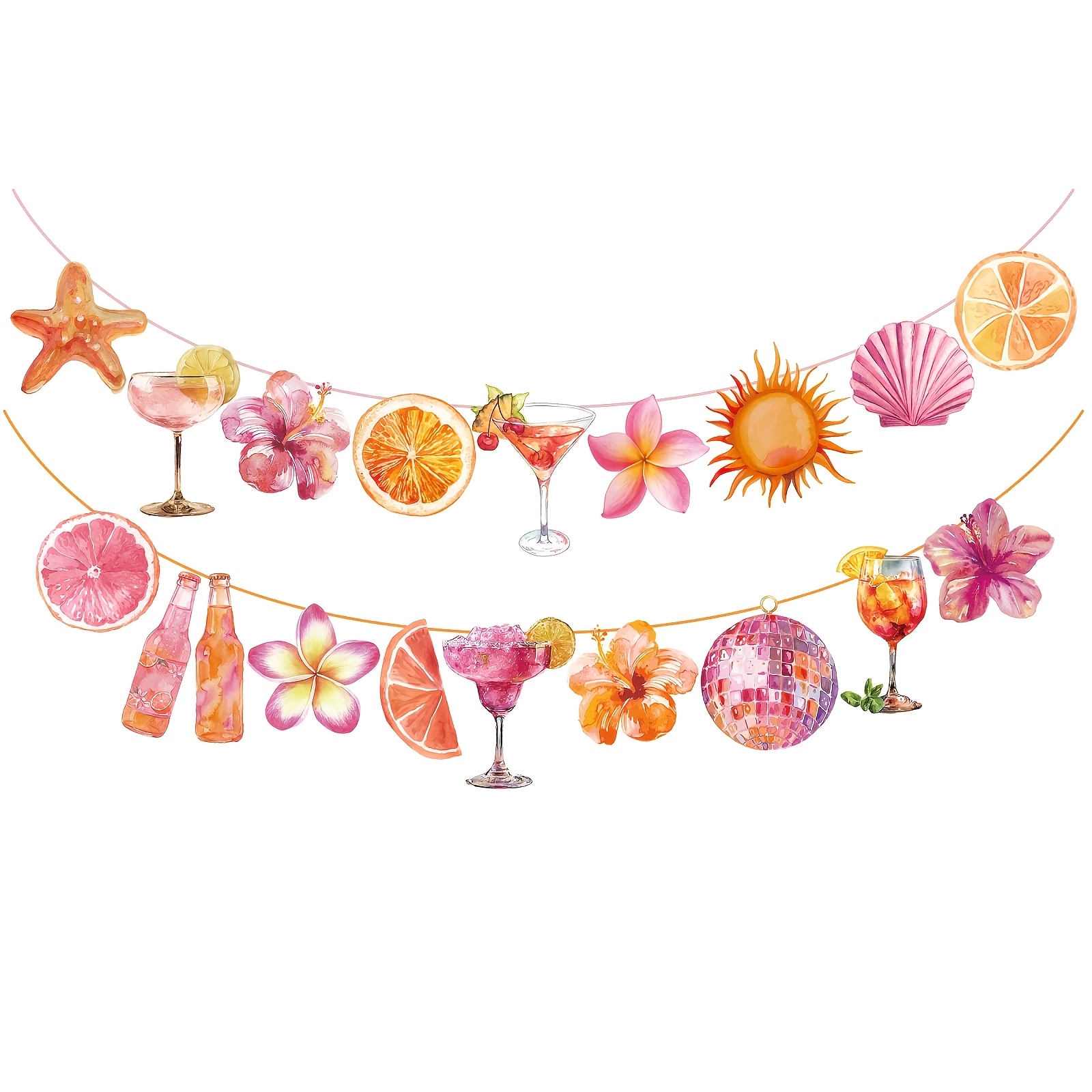 TEMU 1 lot, Guirlande de bannière disco à queue de coq , Drapeau à découpé aquarelle rose et orange avec hibiscus, de fruit, soleil, étoile de mer, ,