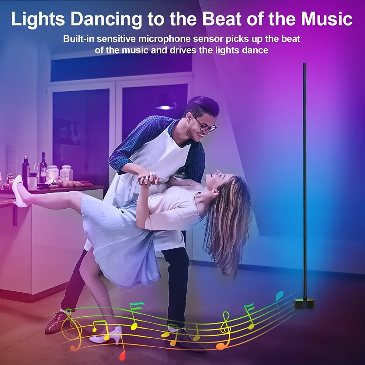 A Smart Color-Changing Floor Lamp, LED Corner Light with Music Synchronization, Controls The Ambient Lighting - Powered by USB, Suitable for Bedrooms, Living Rooms, And Gaming Areas - Adjustable Brightness, Modern Ambiance Light